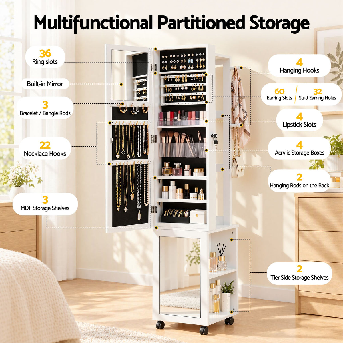 Artiss Lockable Jewellery Cabinet, Mobile Frameless Mirror, White