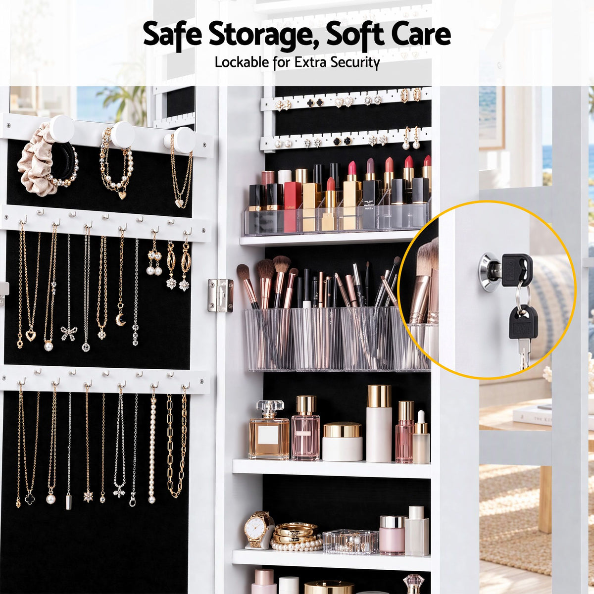 Artiss Lockable Jewellery Cabinet, Mobile Frameless Mirror, White