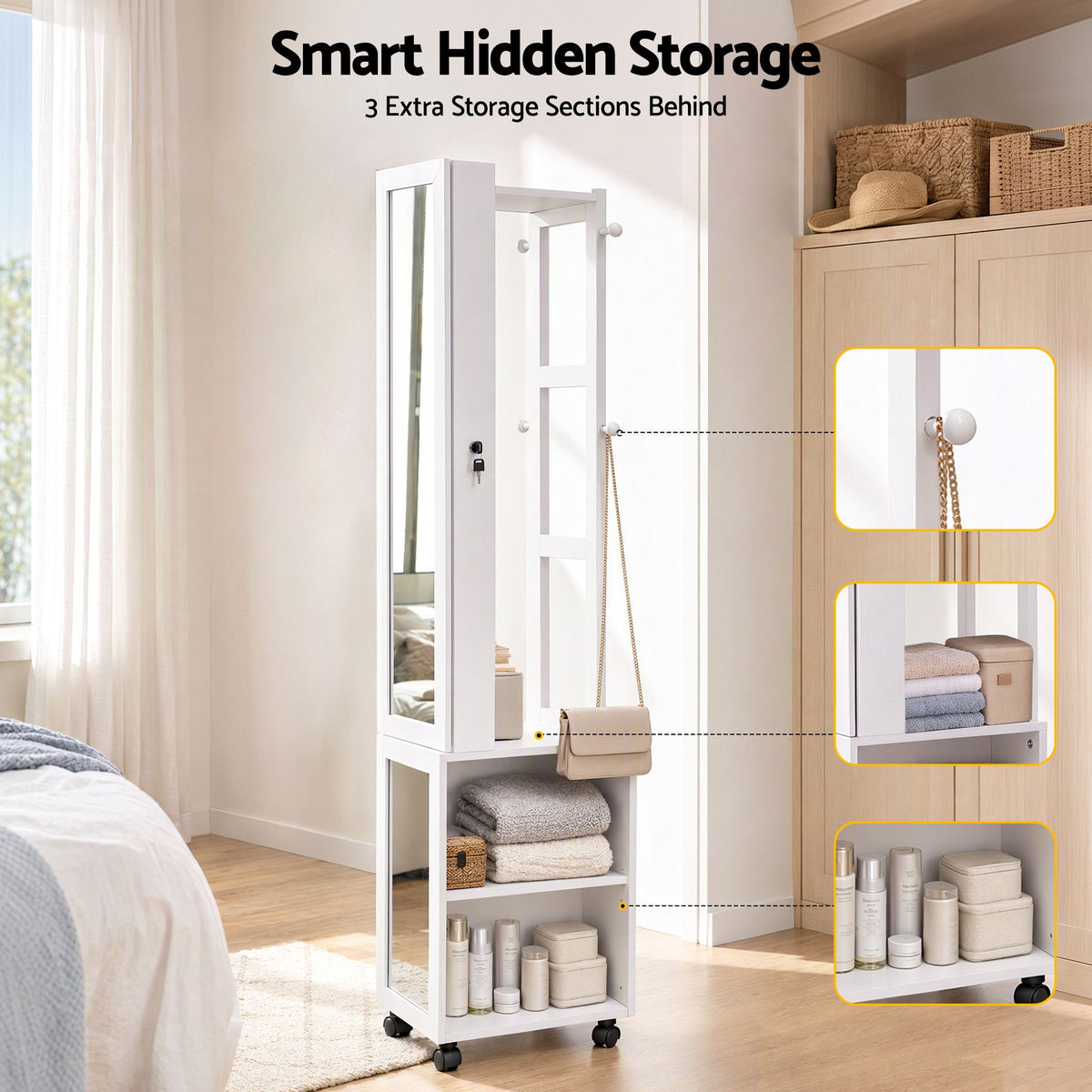 Artiss Lockable Jewellery Cabinet, Mobile Frameless Mirror, White