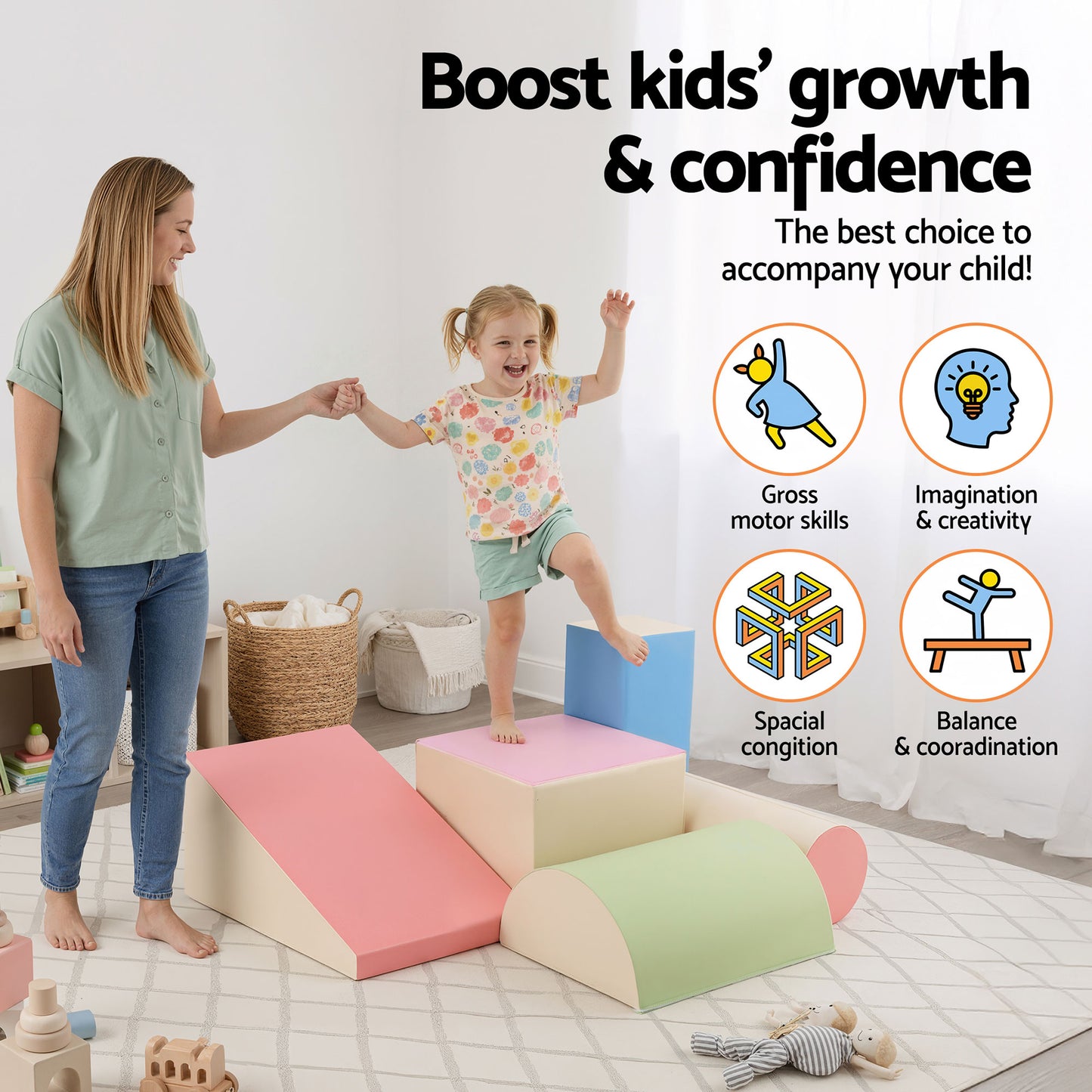 Keezi Kids Climbing Blocks 5-Piece Foam Toddler Playset Soft Indoor Climbing Toy Rocker