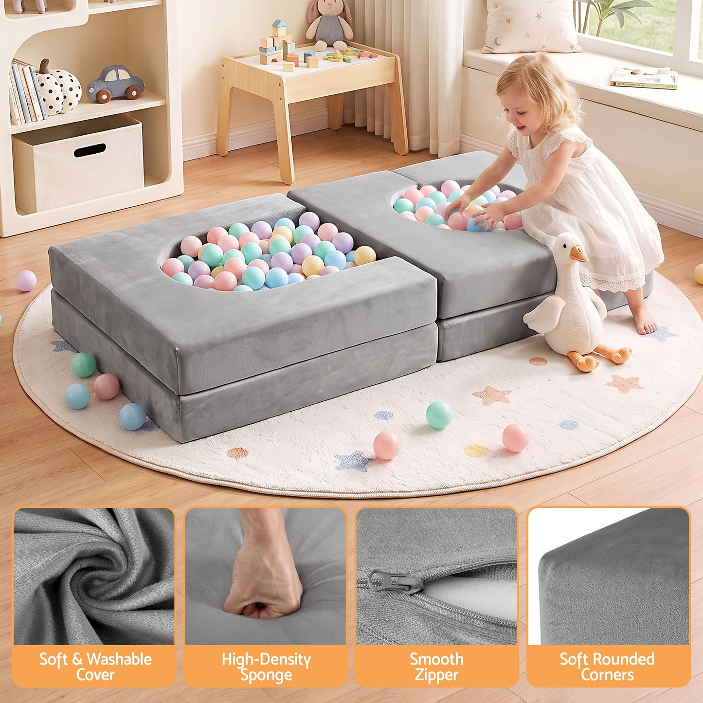 Keezi 12PCS Modular Kids Play Couch Foam Sofa Set with Removable Washable Cover Grey Playroom