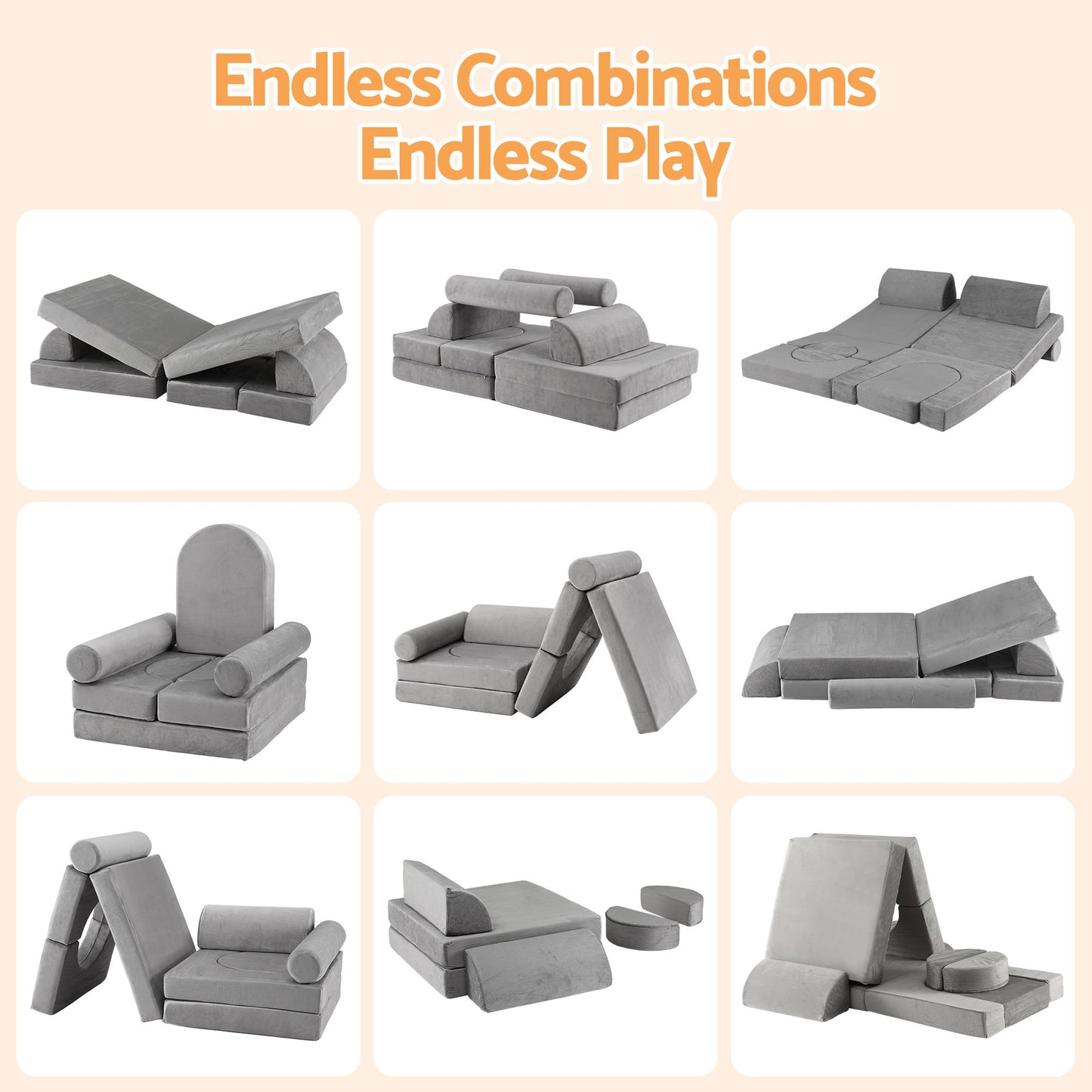 Keezi 12PCS Modular Kids Play Couch Foam Sofa Set with Removable Washable Cover Grey Playroom