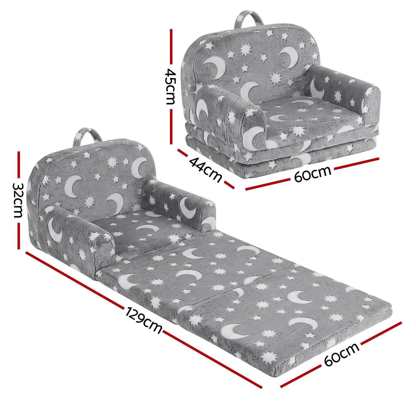 Keezi Kids 2-in-1 Fold Out Sofa Bed with Removable Washable Cover, Carry Handle, Storage Pocket, Glow in the Dark, Grey
