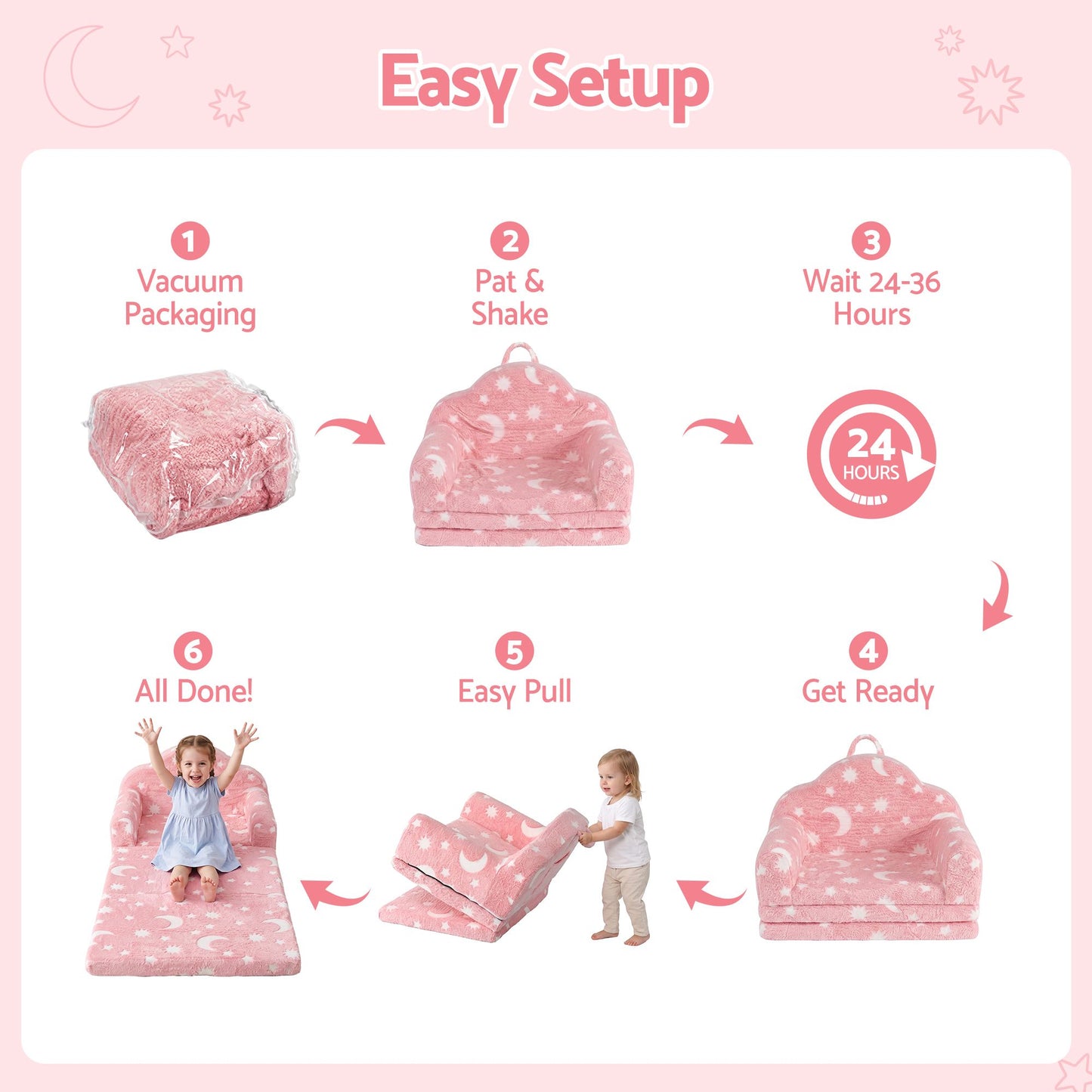 Keezi Kids 2-in-1 Fold Out Sofa Bed with Removable Washable Cover, Carry Handle, Storage Pocket, Glow in the Dark, Pink
