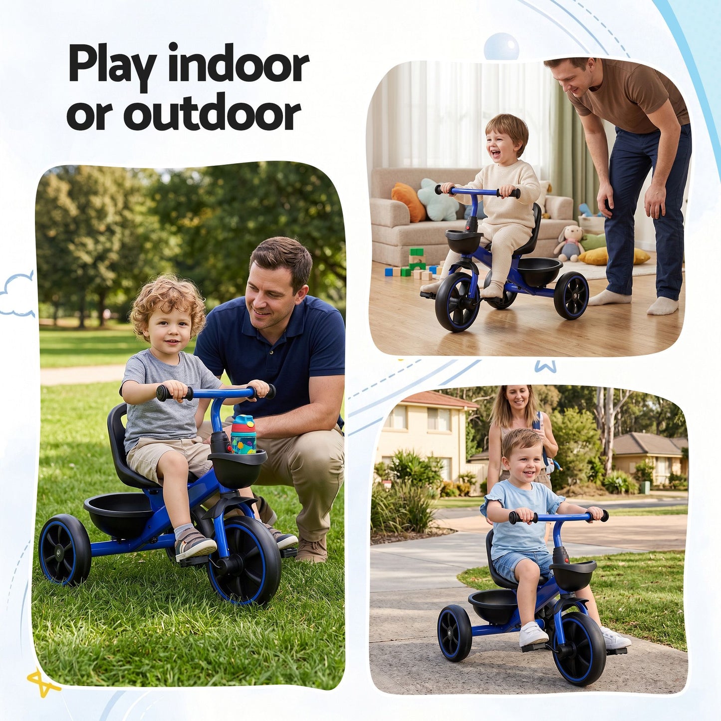 RIGO Tricycle Bike, Kids Bike with 3 wheels, basket Carbon Steel 68cm Blue