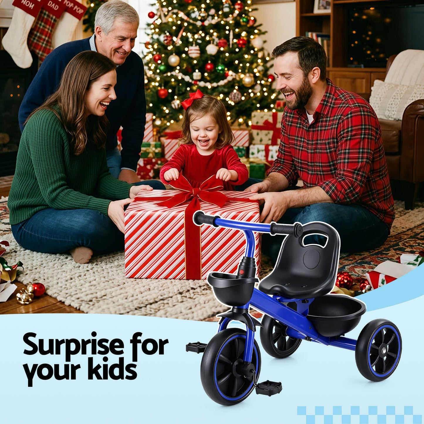 RIGO Tricycle Bike, Kids Bike with 3 wheels, basket Carbon Steel 68cm Blue