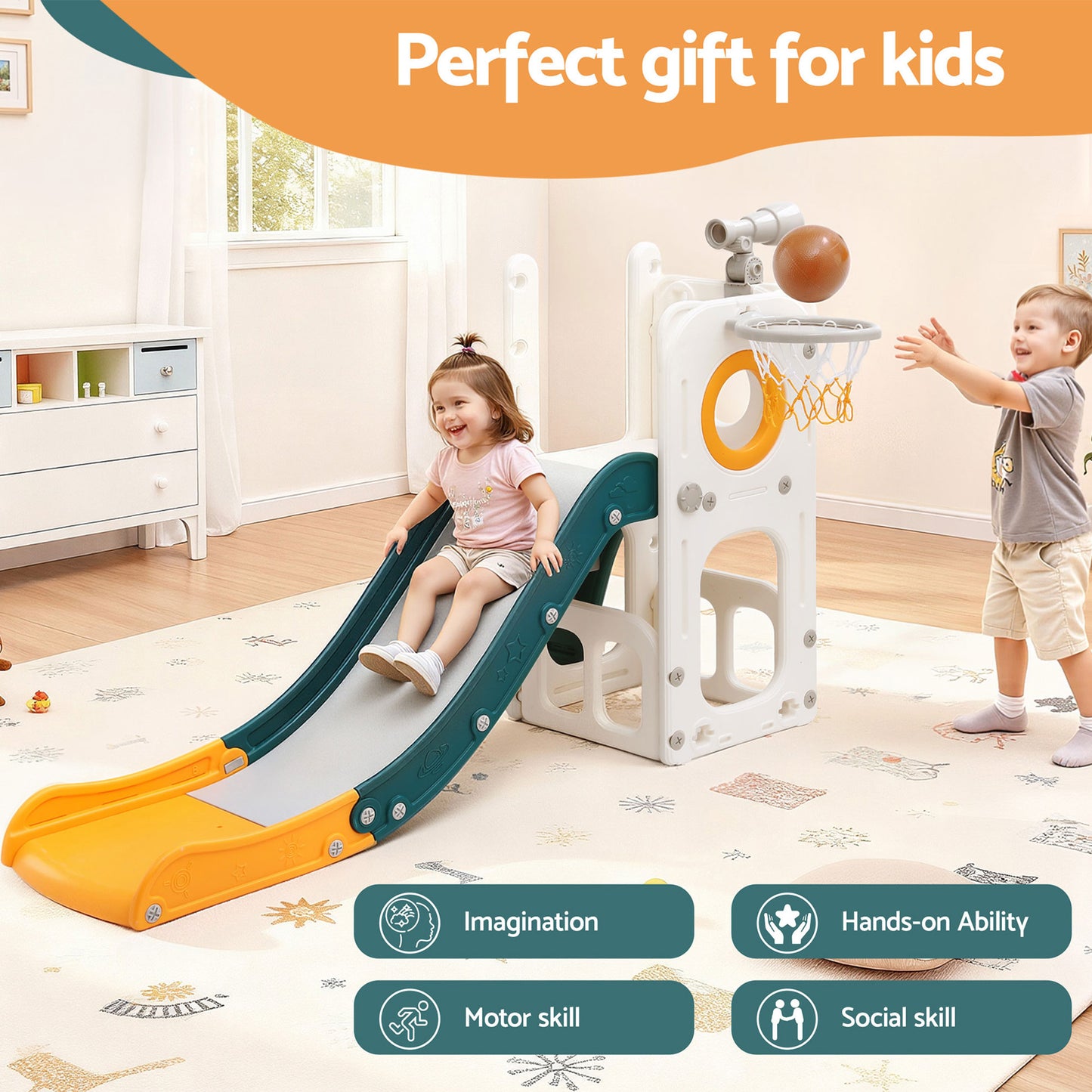 Keezi Kids Slide Set Basketball Hoop Outdoor Playground Outdoor Toys Telescope Storage