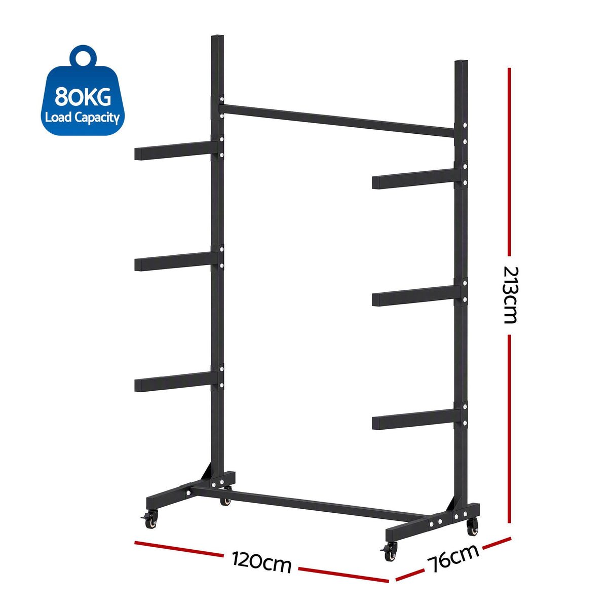Weisshorn Kayak Storage Rack 3-Tier Canoe SUP Paddleboard Garage 80kg Casters