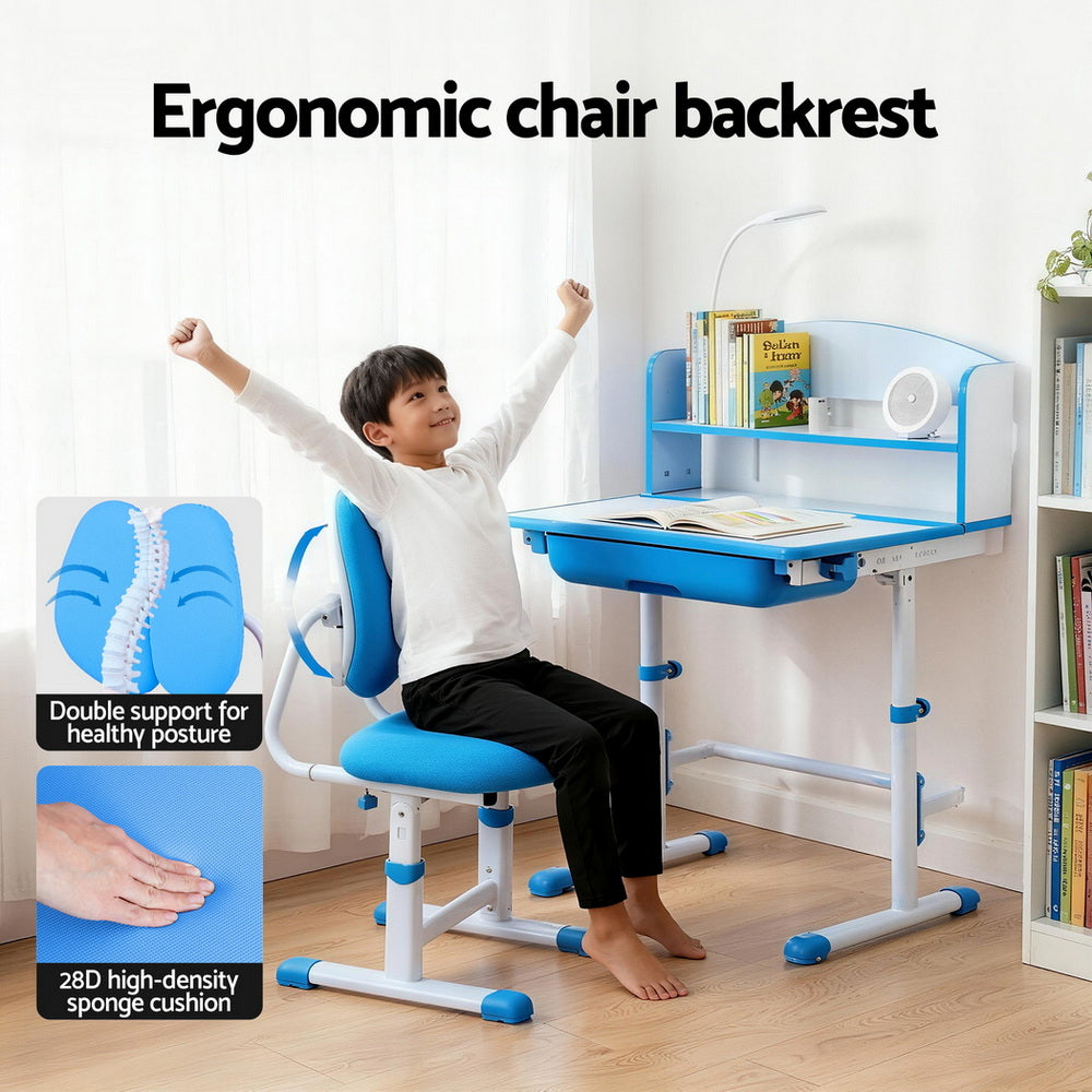 Keezi Kids Study Desk Chair Set Adjustable Ergonomic Table LED Lamp Blue