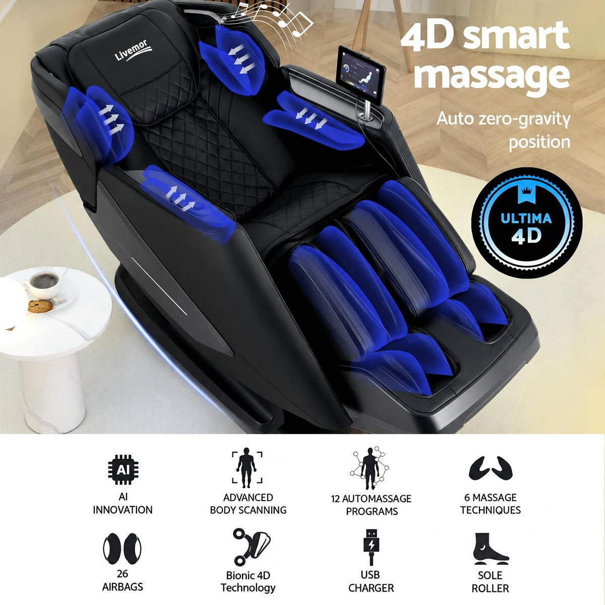 Livemor 4D Massage Chair Recliner SL Track Full Body Zero Gravity Massager Heated AI Body Scan REILY