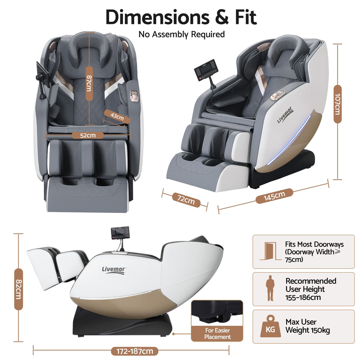 Livemor Beryl Full Body Massage Chair, Airbags Massage, Zero Gravity, with Heat, Electric Recliner