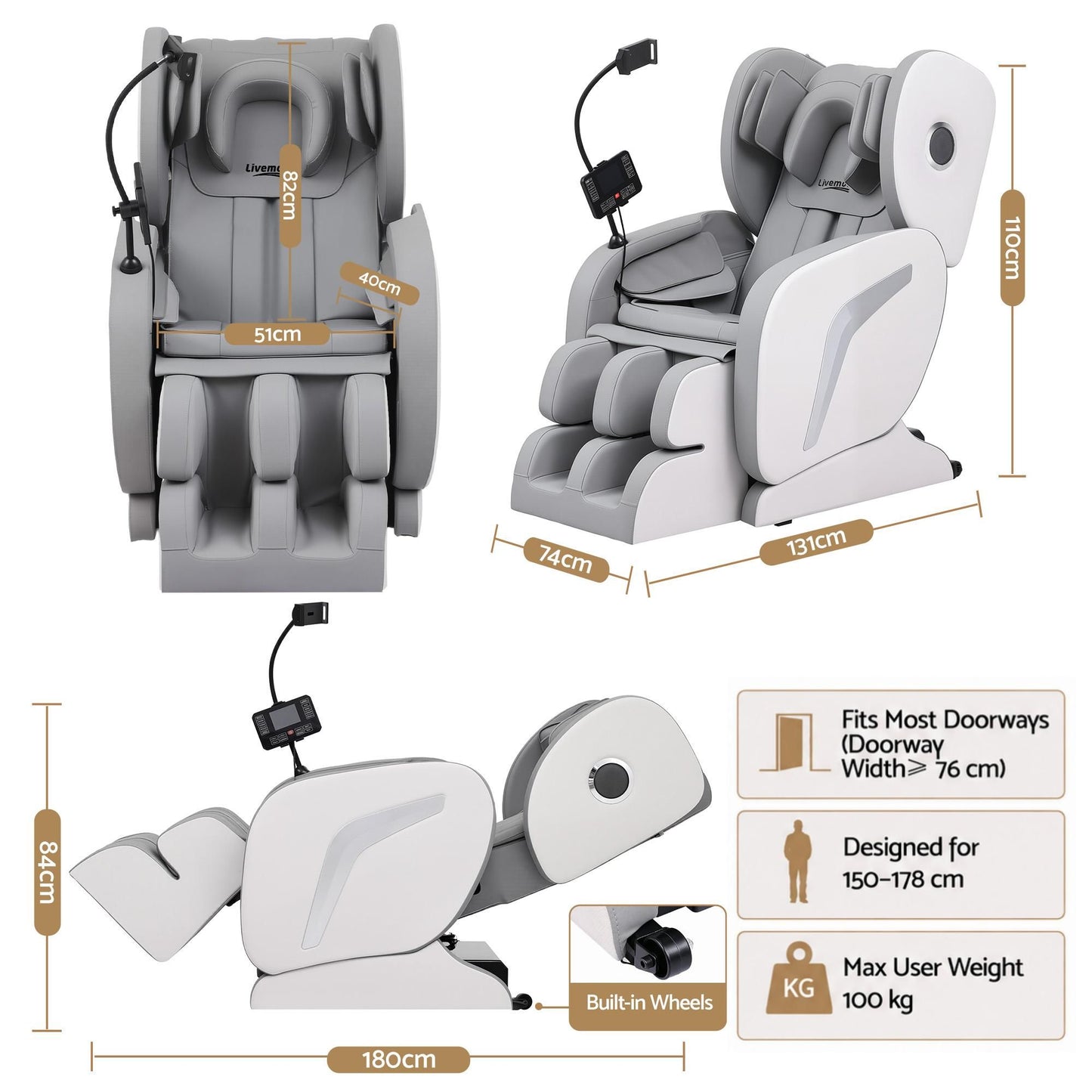 Livemor Full Body Massage Chair VEGA, Foot Roller, Waist & Calf Heat, Recliner, Airbags Compression