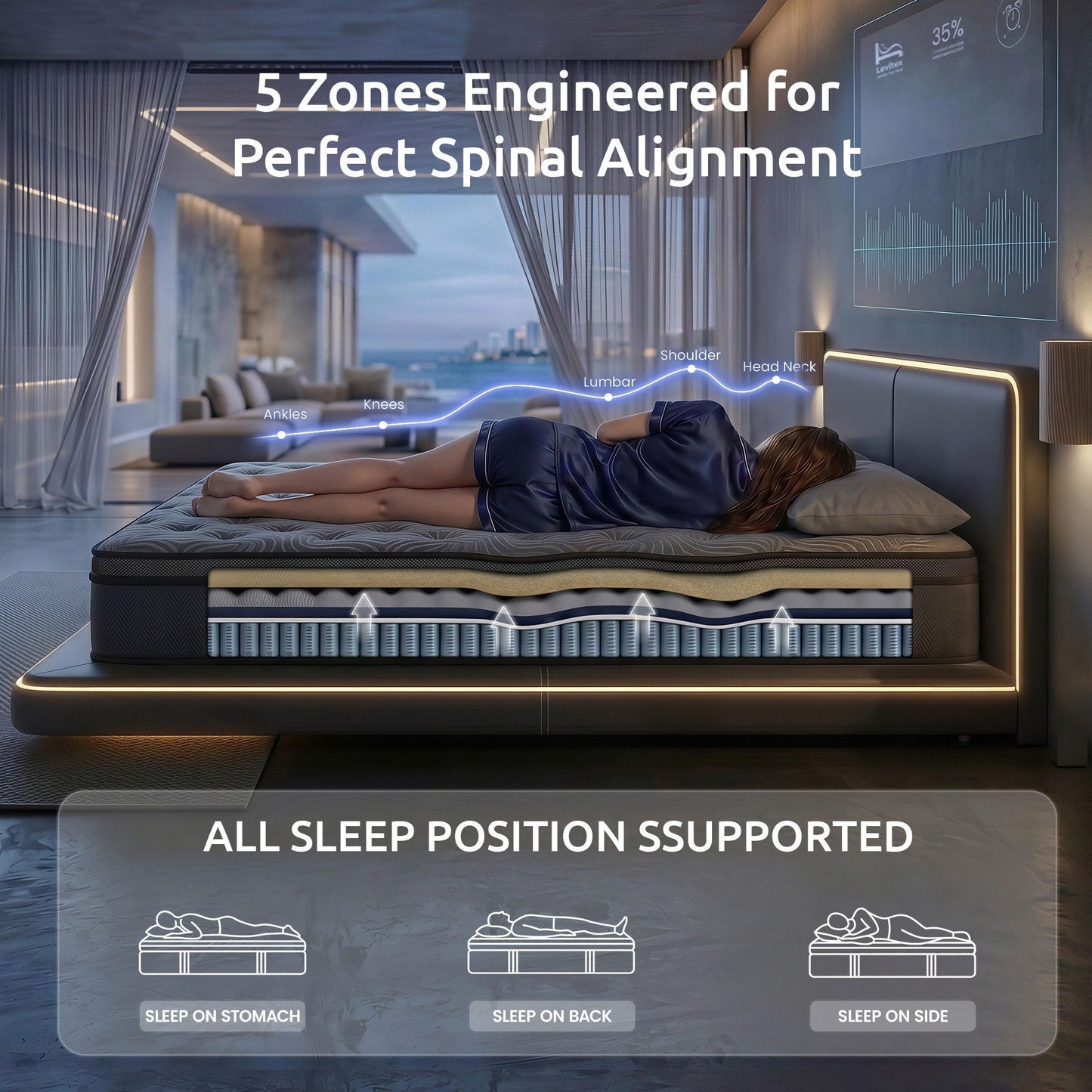 Levitex 34 cm Pocket Spring Mattress with Reinforced Edge Support & 5-Zone Pressure Relief Breathable Gel Memory Foam Hybrid Mattress for Back Pain Queen