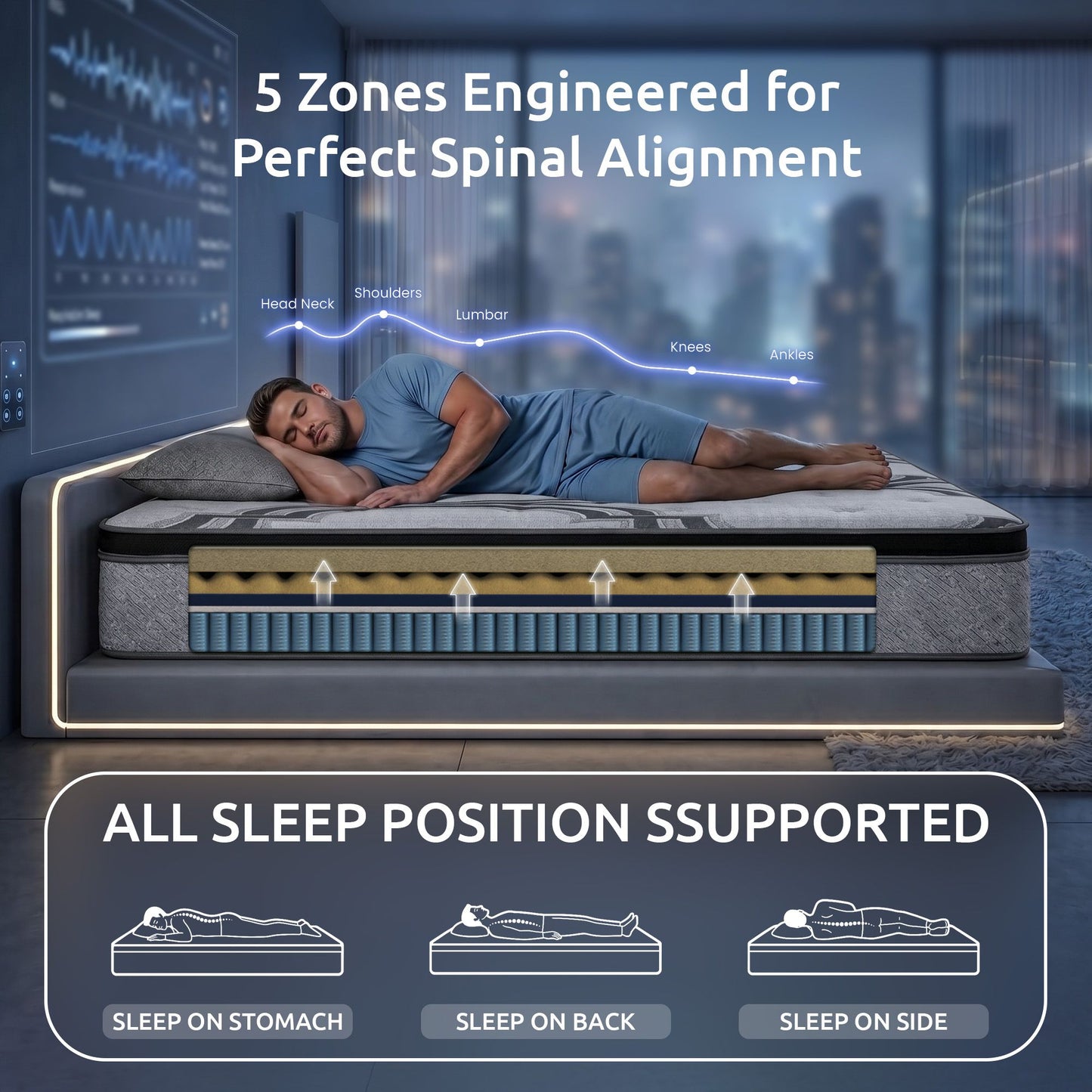 Levitex 5-Zone Pocket Spring Mattress with Latex & Memory Foam 7.5 Firm Hybrid Mattress for Extra Lumbar & Shoulder Support 34 cm Thickness King