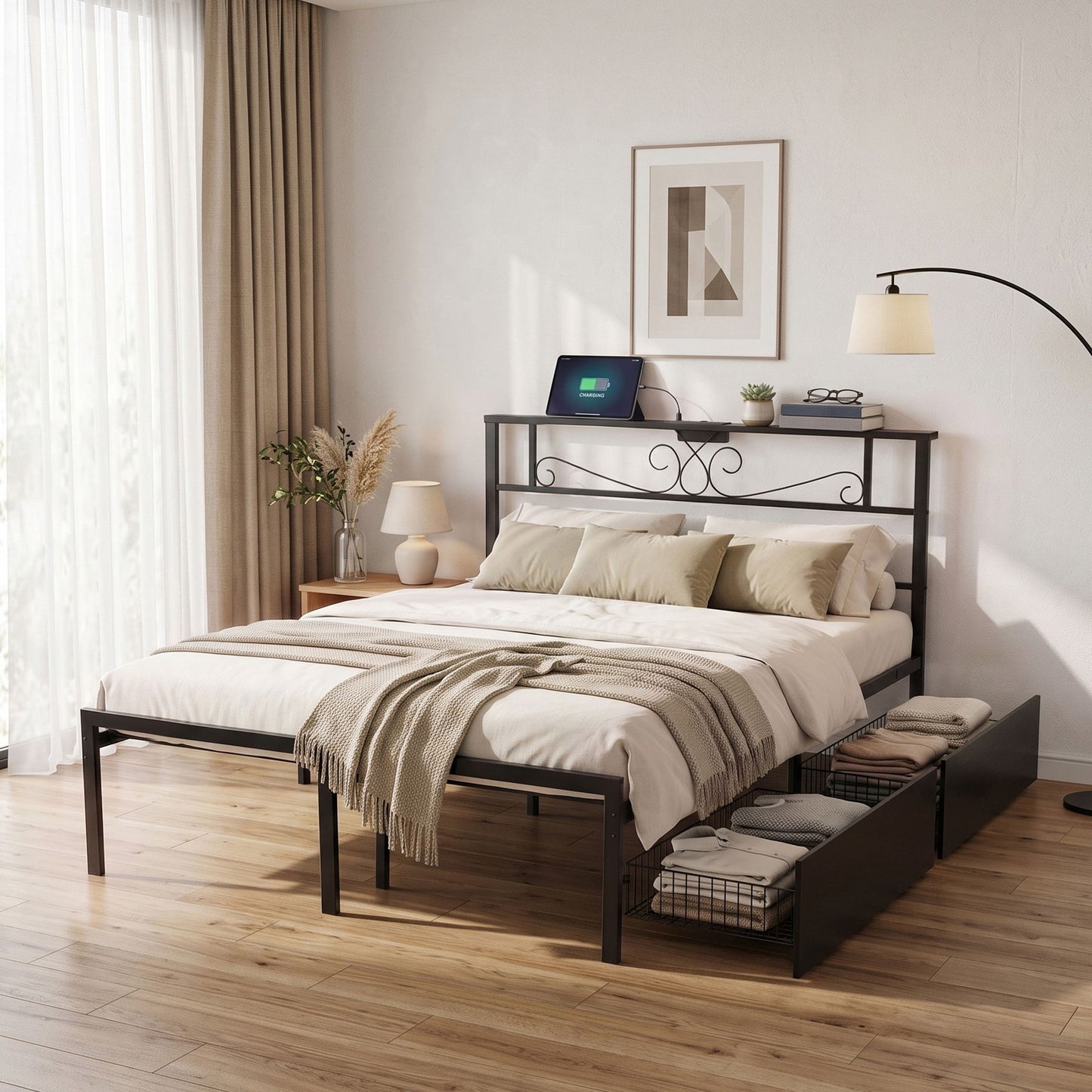 Artiss Double Bed Frame with Charging Station & Storage Drawers Metal