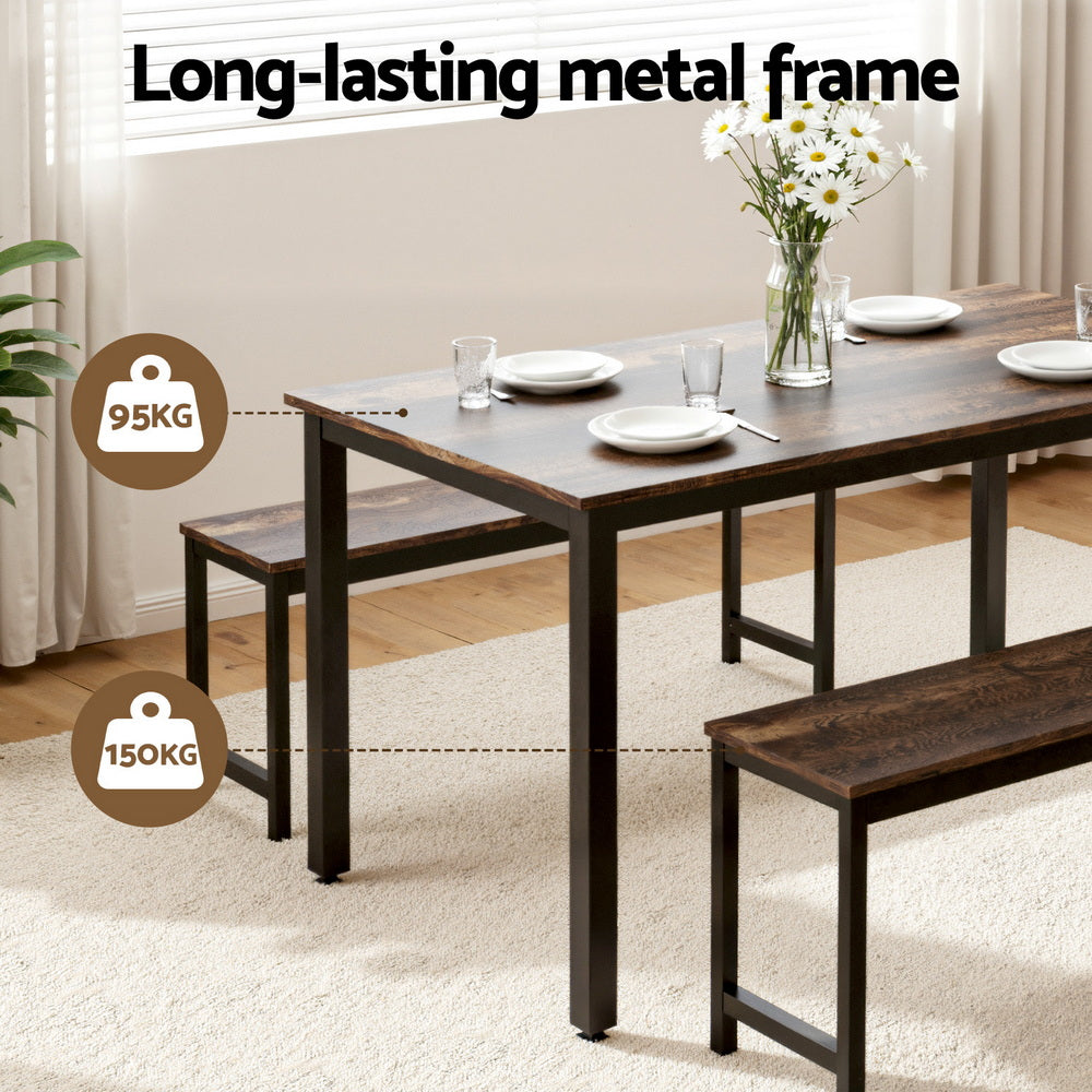 Artiss Dining Table and Chairs Set 3PCS Kitchen Metal Desk Bench Dark Walnut