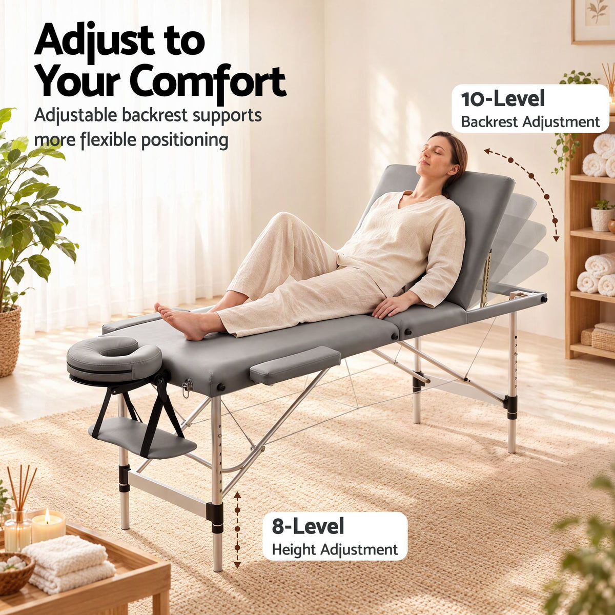 Zenses 3-Fold Portable Massage Table 60cm Adjustable Backrest & Height, Aluminium Beauty Bed Grey