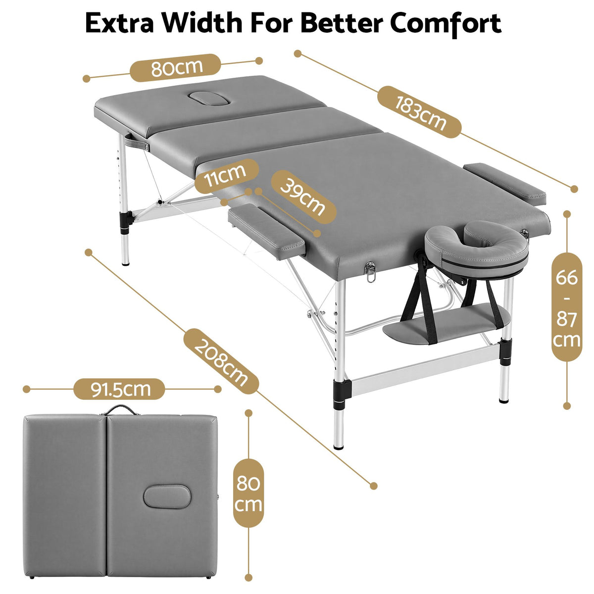 Zenses 3-Fold Portable Massage Table 80cm Adjustable Backrest & Height, Aluminium Beauty Bed Grey