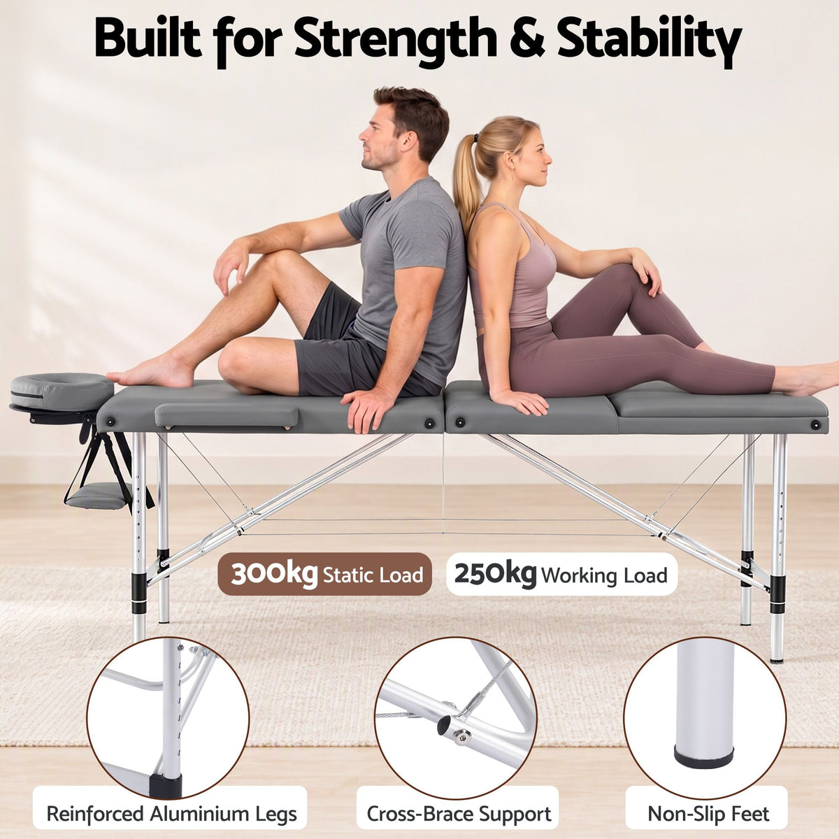 Zenses 3-Fold Portable Massage Table 75cm Adjustable Backrest & Height, Aluminium Beauty Bed Grey