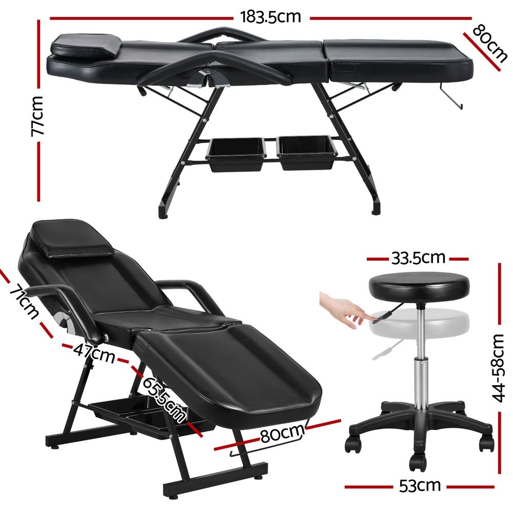Zenses Beauty Bed with Stool, Black, Adjustable Facial Massage Table, Tattoo Chair, Salon Services