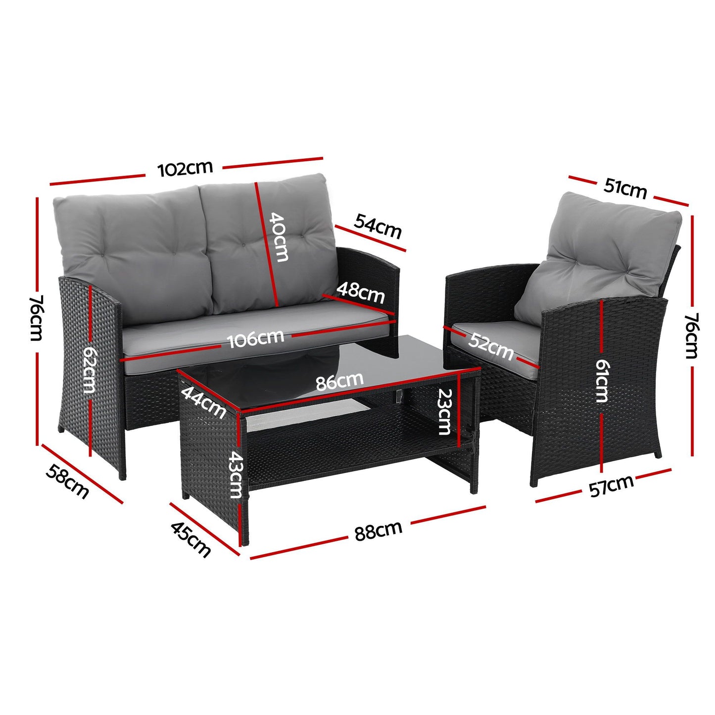 Gardeon 4-Piece Outdoor Sofa Set Coffee Table Chair Rattan Furniture Black