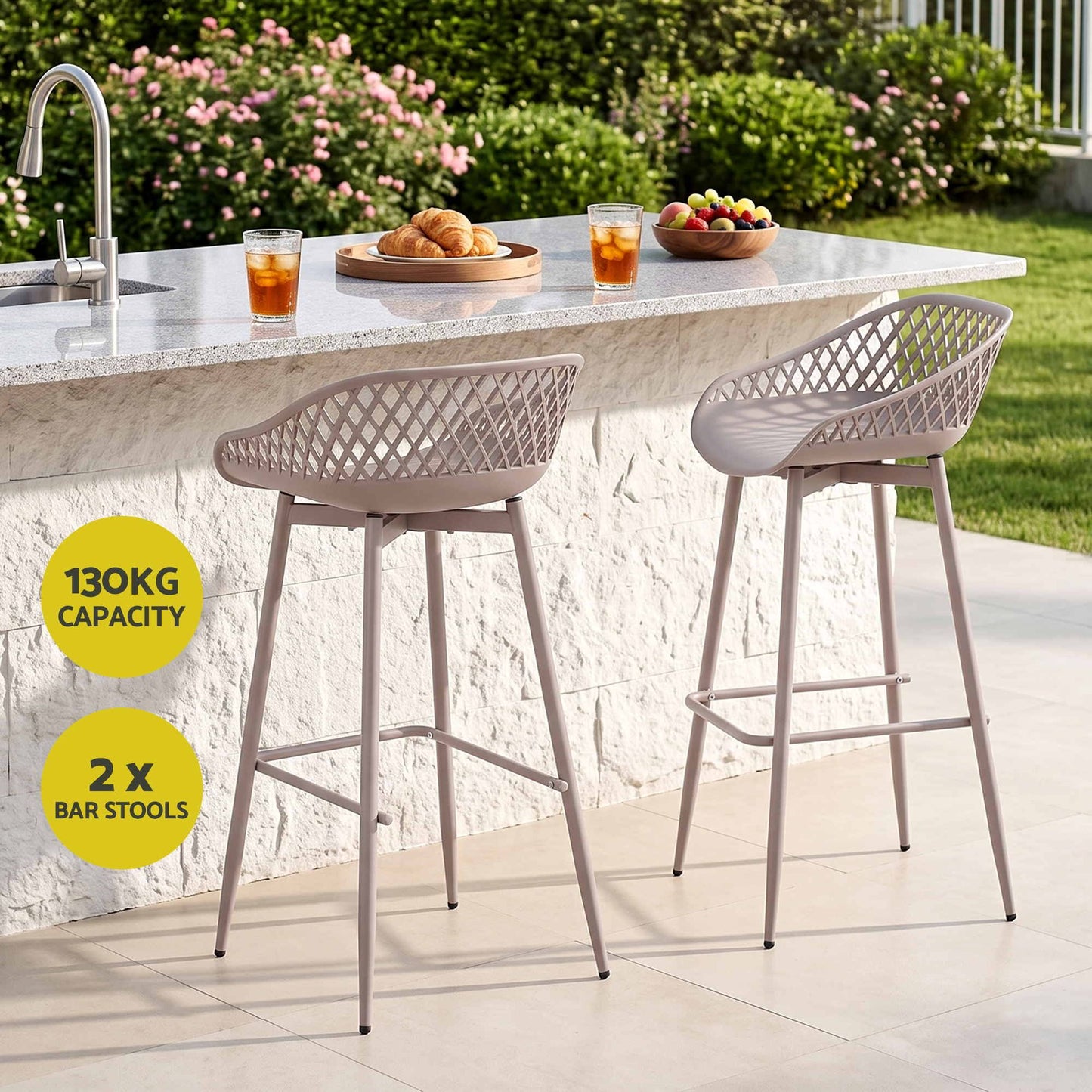 Gardeon 2PC Outdoor Bar Stools Plastic Metal Dining Chair Patio Furniture Coffee