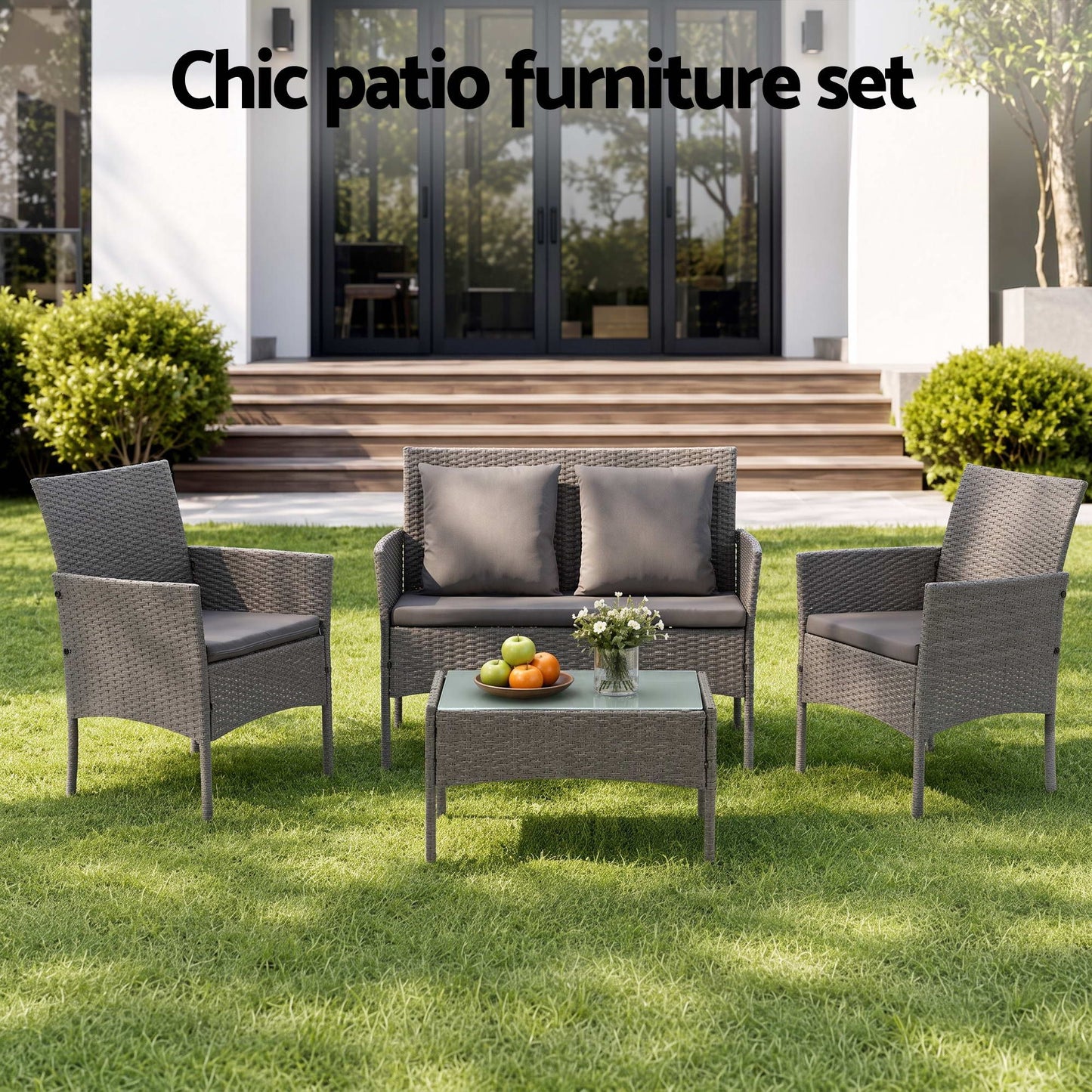 Gardeon 4-Piece Outdoor Sofa Set Rattan Furniture with Two Pillows Grey