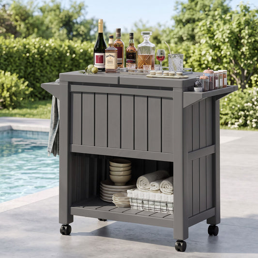 Gardeon Outdoor Storage Cabinet Box 80L Ice Bucket Cooler Rolling Serving Cart Kitchen Trolley Brown