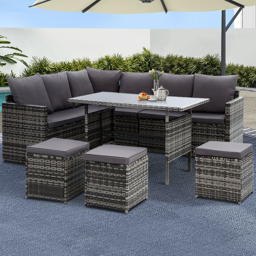 Gardeon Outdoor Furniture Dining Setting Sofa Set Lounge Wicker 9 Seater Mixed Grey