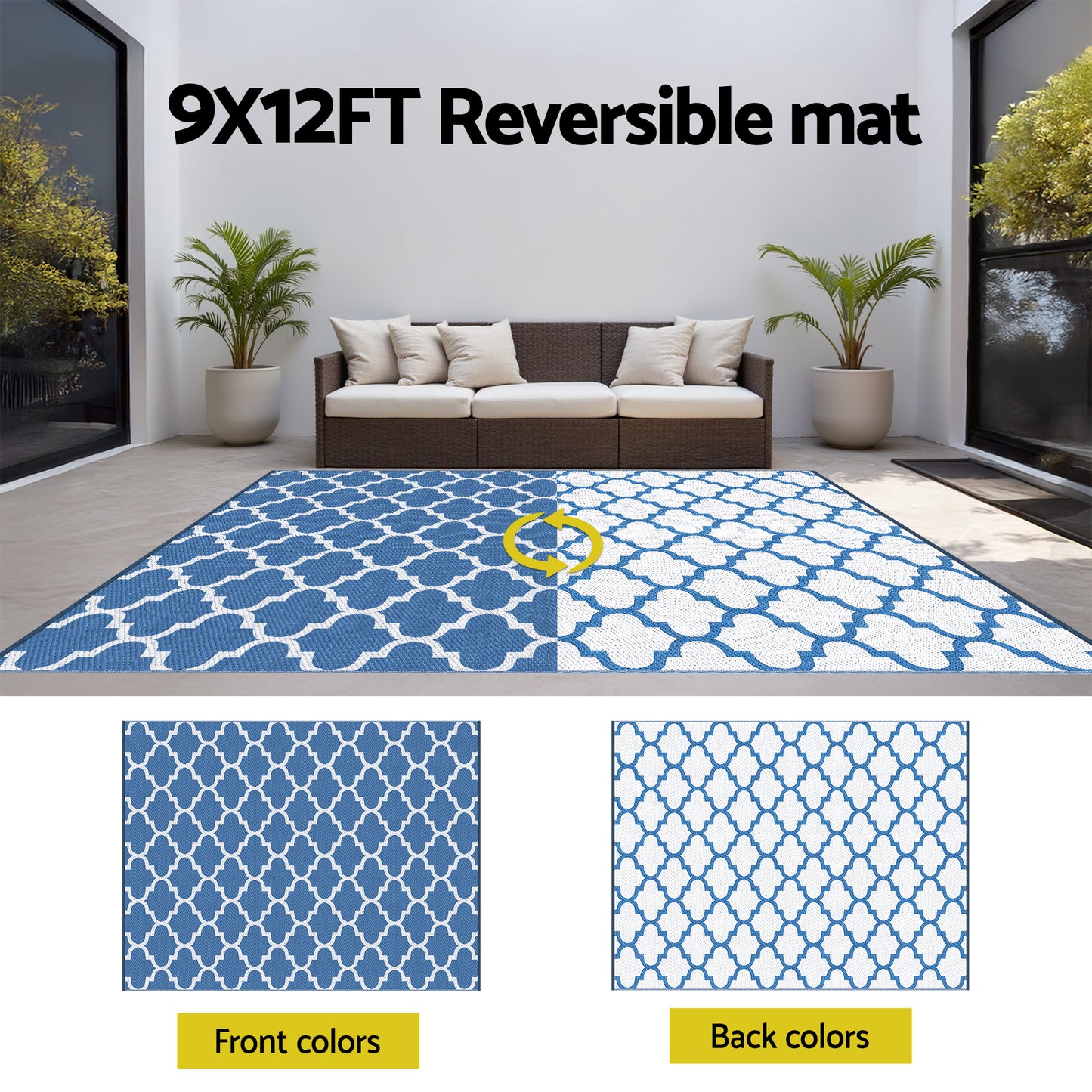 Gardeon Outdoor Rugs 274x366cm Large Carpet Reversible Area Mat PP Dual-Sided Patio Rug Blue