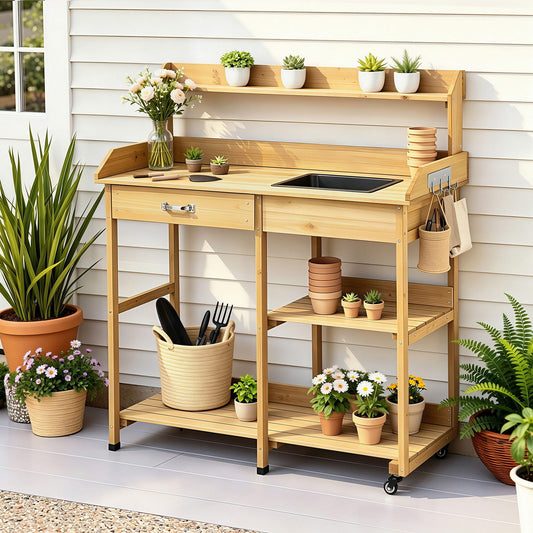Gardeon Outdoor Potting Bench Table Storage Cabinet Potters Garden Workstation Natural