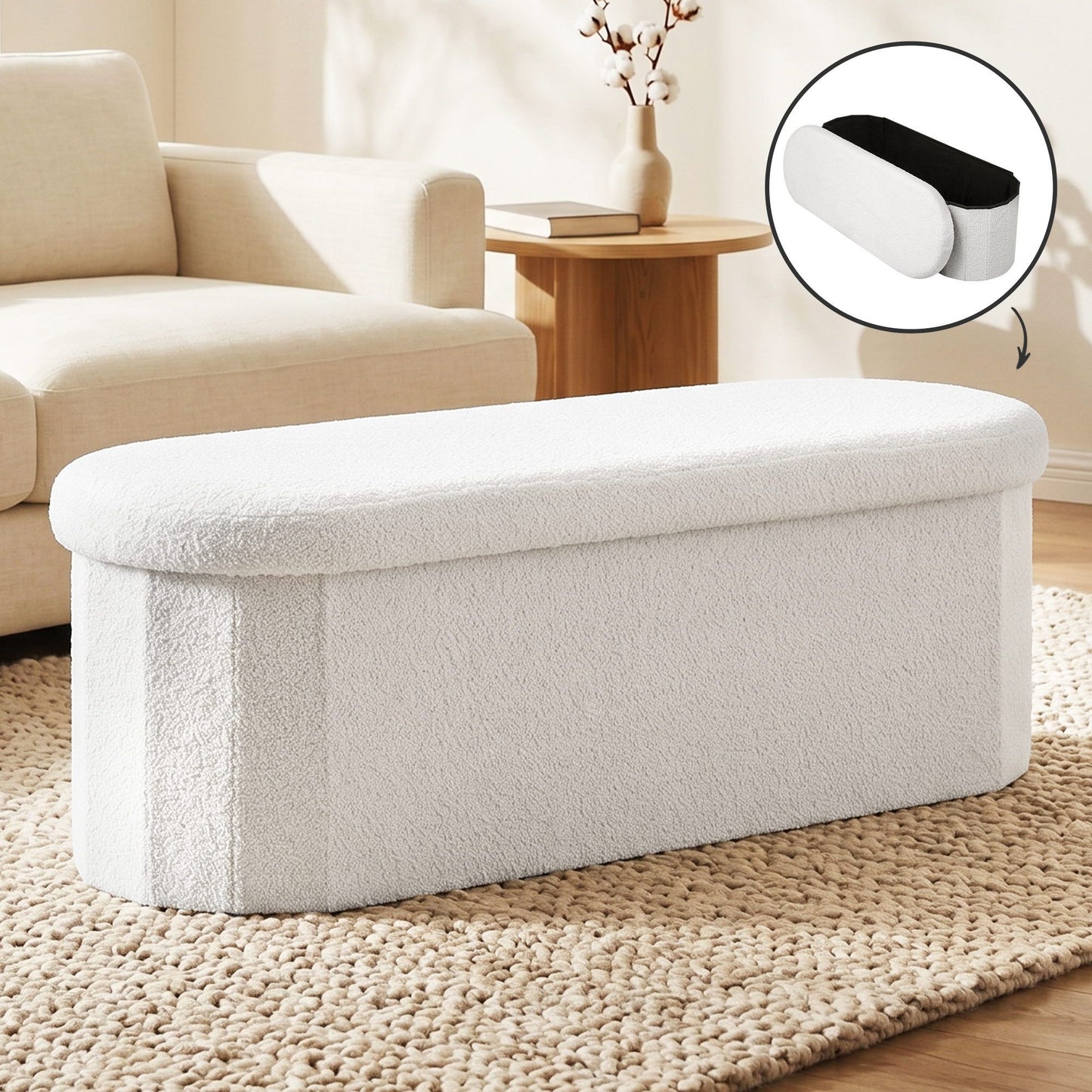 Artiss Storage Ottoman Foot Stool Rest Boucle Fabric Foldable White