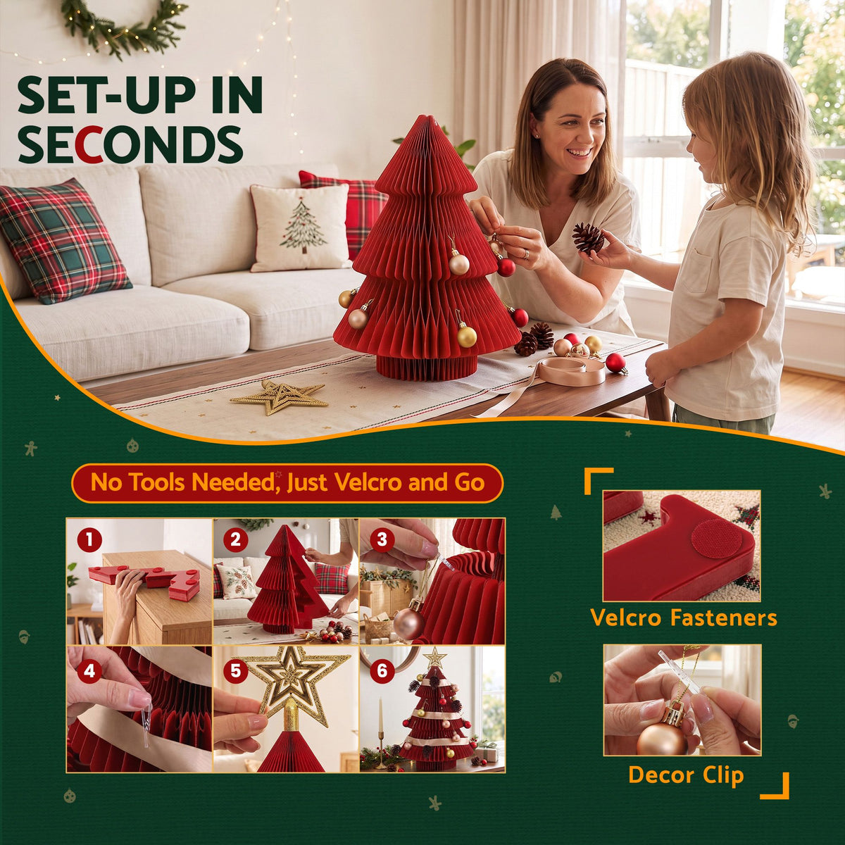 Jingle Jollys 2PCS Folding Tabletop Christmas Tree Xmas Decorations Red & Green