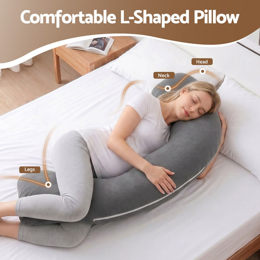 Giselle Bedding Schwangerschaftskissen für Seitenschläfer, L-förmiges Stillkissen für Frauen, 100% Baumwoll-Jersey-Bezug für Kopf-, Nacken- und Bauchunterstützung, 63x115 cm Grau