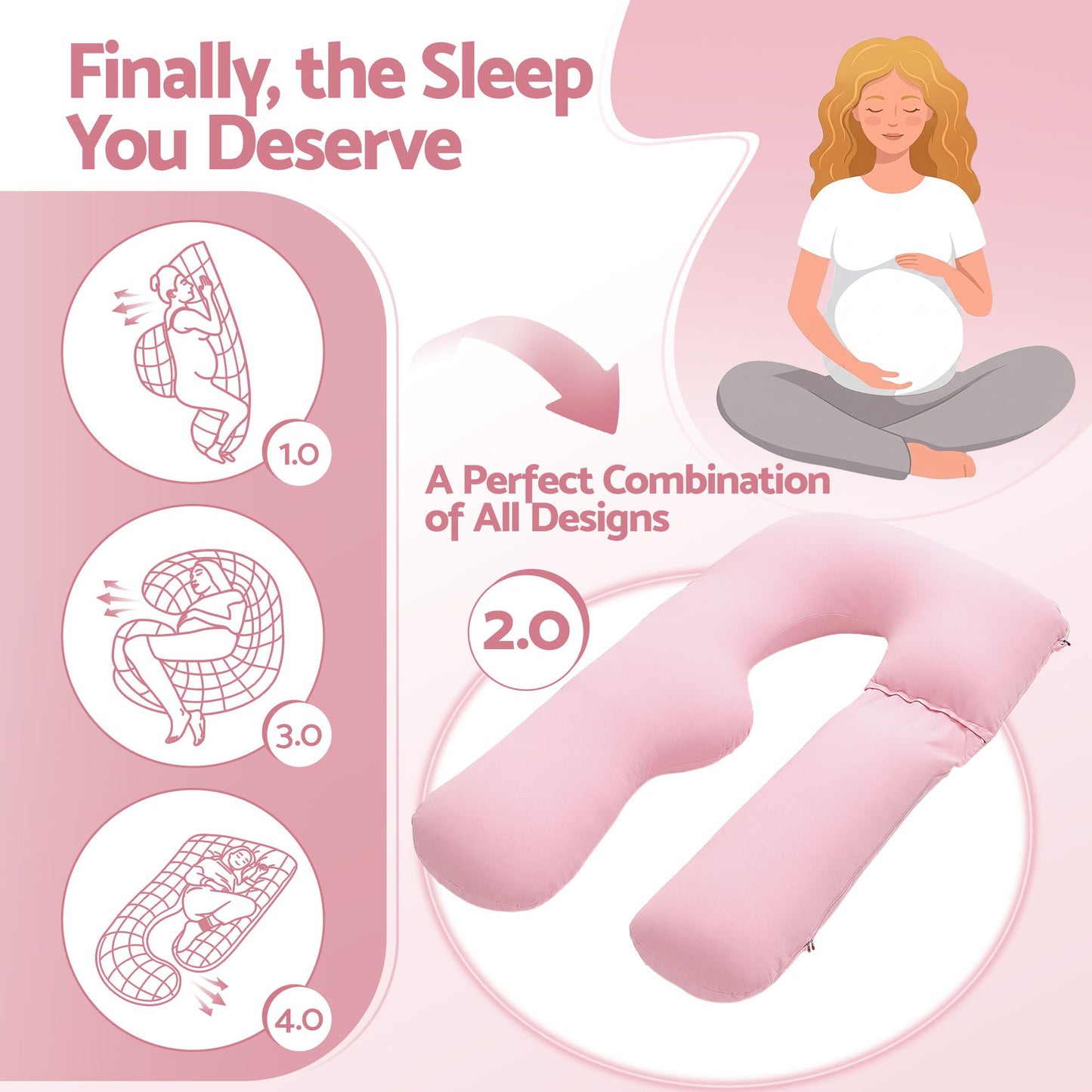 Giselle Bedding Pregnancy Pillow U Shaped Full Body Pillow with 100% Cotton Jersey Cover Maternity Pillow for Sleeping Reading, Pink, 73x133cm