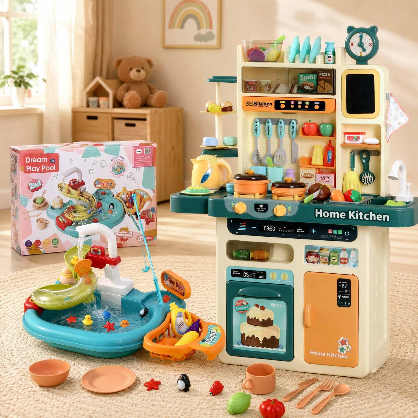 Keezi 2 Piece Kids Pretend Kitchen Playset Water Toys Fishing Game Food Play