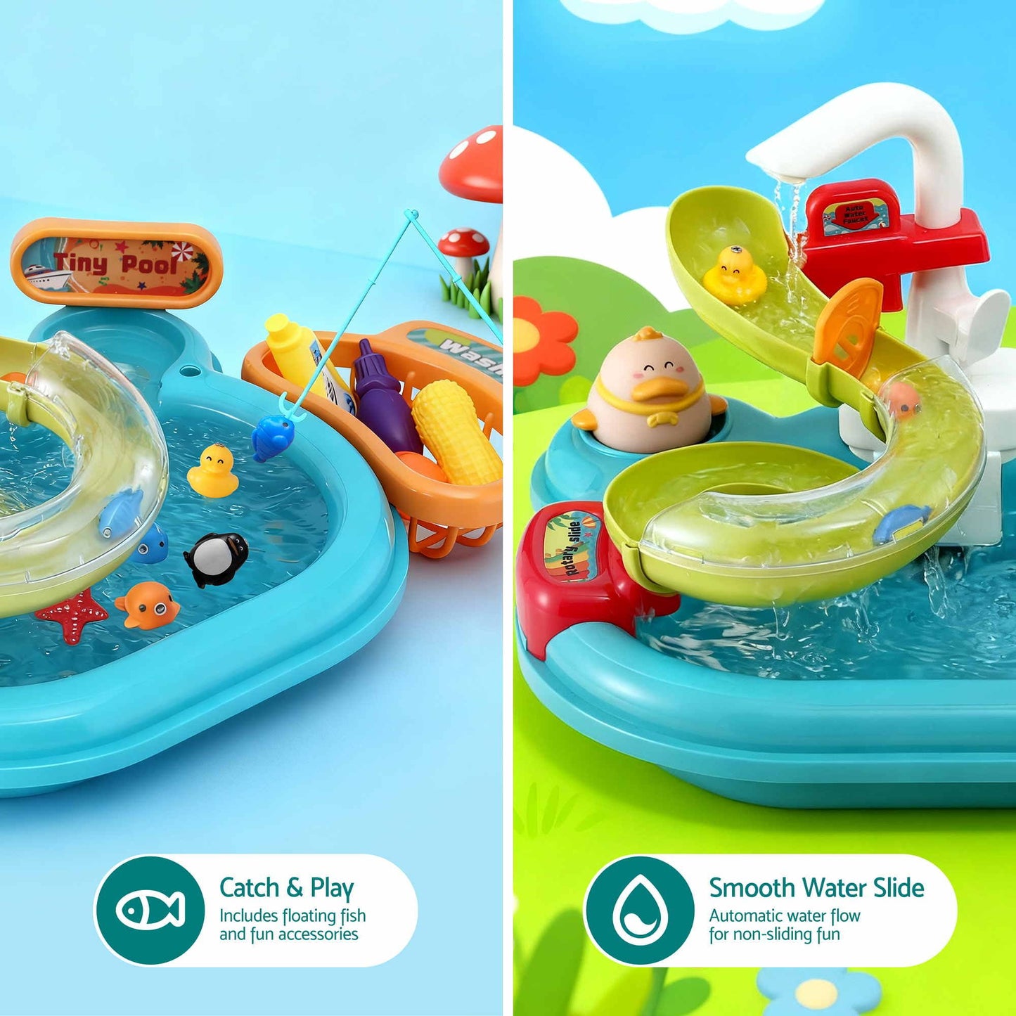 Keezi 2 Piece Kids Pretend Kitchen Playset Water Toys Fishing Game Food Play