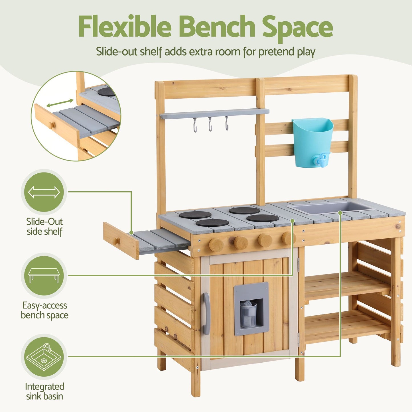 Keezi Kids Kitchen Playset Wooden Play Kitchen Mud Kitchen Toy Kitchen 95cm Tall