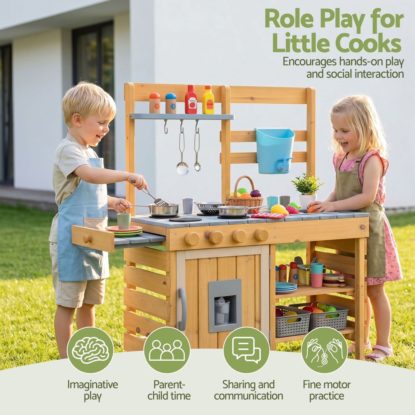 Keezi Kids Kitchen Playset Wooden Play Kitchen Mud Kitchen Toy Kitchen 95cm Tall