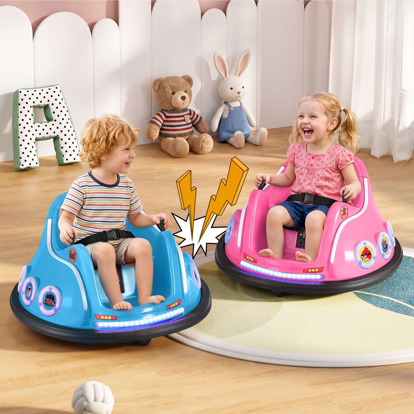 Kids Ride On Car Bumper Electric Toys Cars with Remote Control Stickers Light Blue Pink