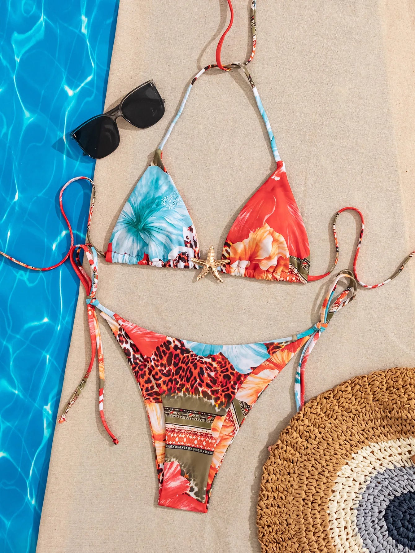 Summer Swimwear Women Sexy Backless Swimsuit 2 PCS Bikini Set Laced Up Split Bathing suit Low Waist Binding Strap Beach Bikini