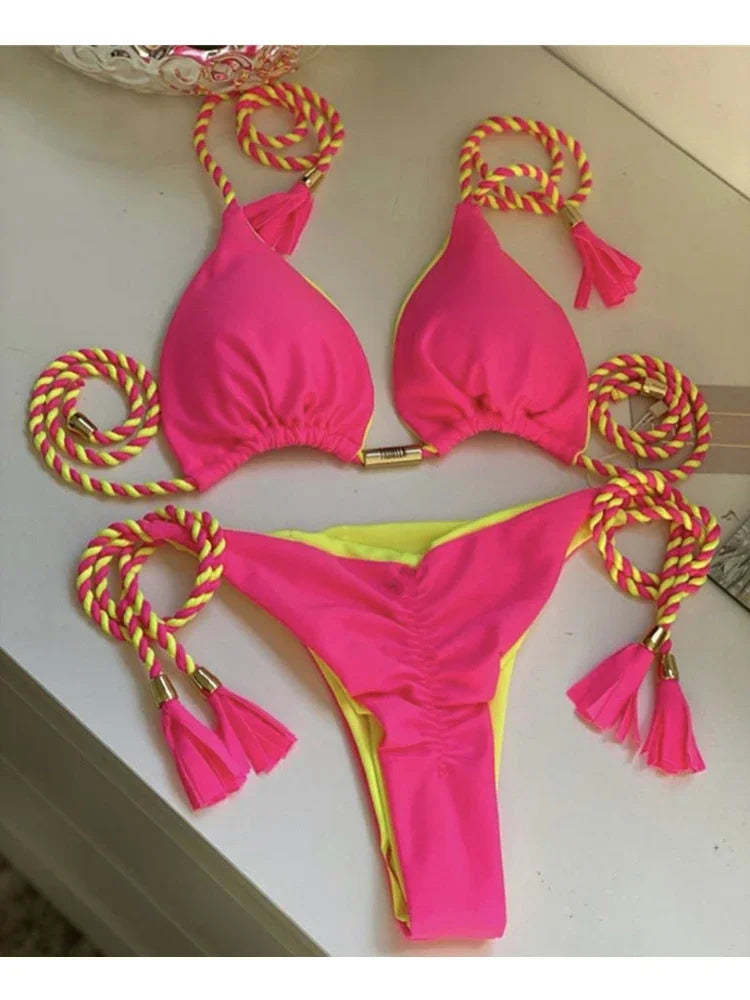 Swimsuit Women Bikinis Set Sexy Drawstring Bikini Beachwear Leopard Two-pieces Swimwear Bathing Suit Lace Up Bikini Set