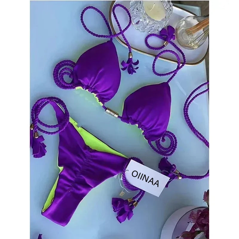 Swimsuit Women Bikinis Set Sexy Drawstring Bikini Beachwear Leopard Two-pieces Swimwear Bathing Suit Lace Up Bikini Set