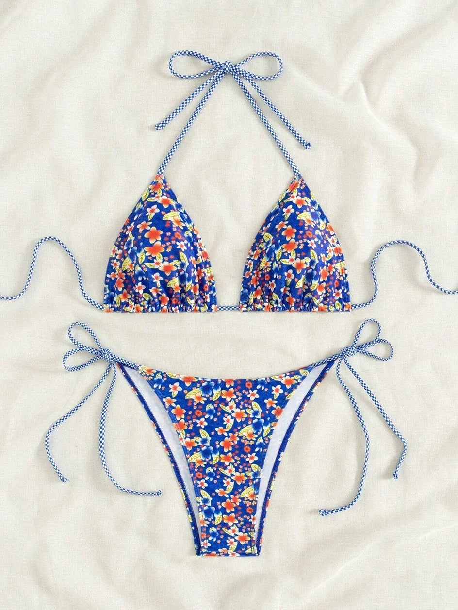 Swimsuit 2025 Female Micro Bikini Women Swimwear Summer Beachwear Women's Bathing Suit Floral Print Neck Halter Thong Bikini Set