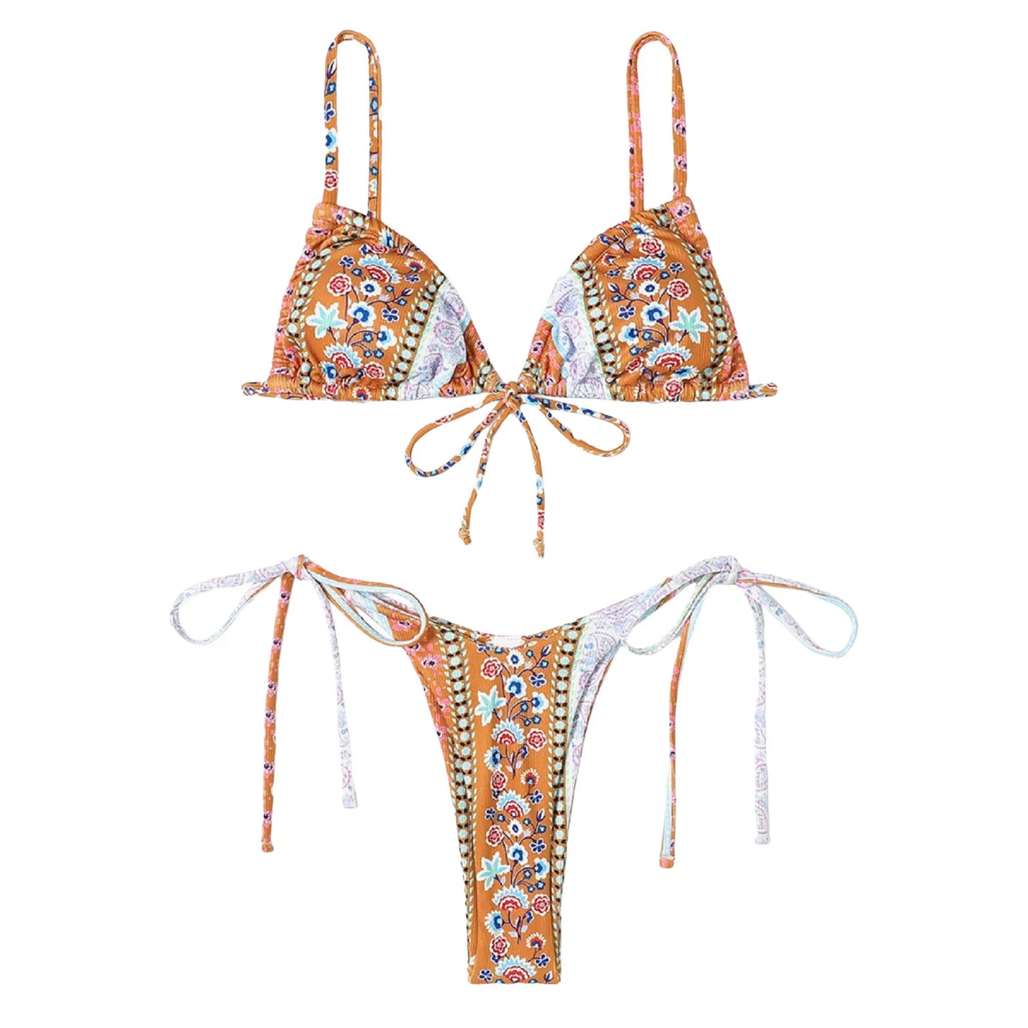 Sexy Bikini Suits Women Vintage Print Low Waist Thin Strap Lace Up Split Swimwear Women Adjustable Size Swim Suits Sexy Lingerie