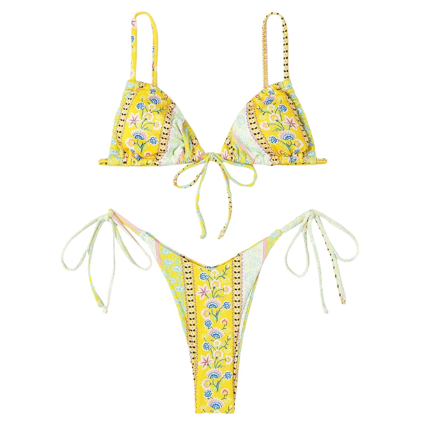 Sexy Bikini Suits Women Vintage Print Low Waist Thin Strap Lace Up Split Swimwear Women Adjustable Size Swim Suits Sexy Lingerie