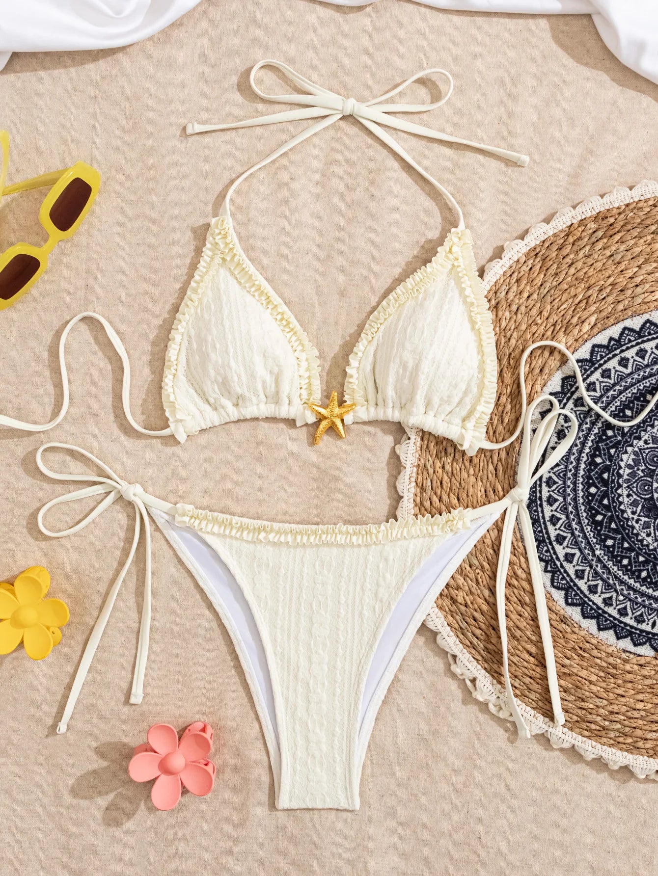 Summer Swimwear Women Sexy Backless Swimsuit 2 PCS Bikini Set Laced Up Split Bathing suit Low Waist Binding Strap Beach Bikini