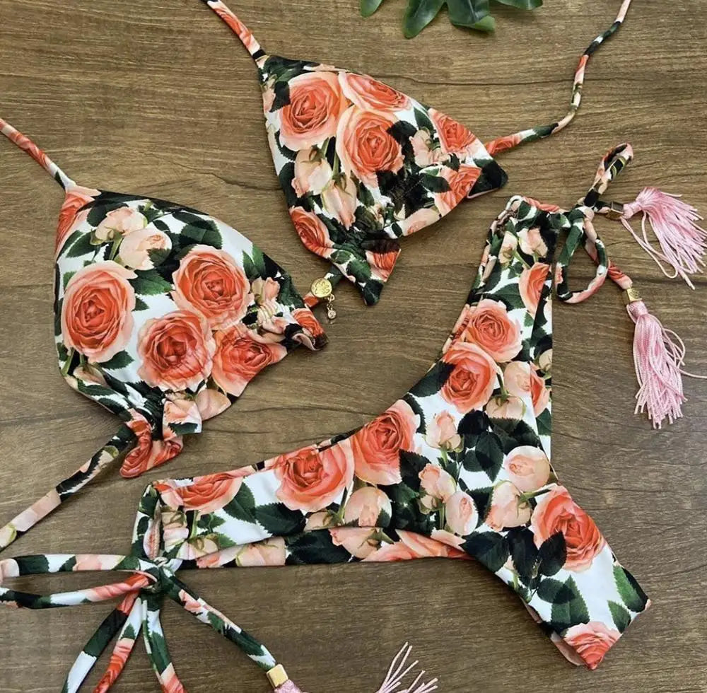 brazilian lace up push up bikini set micro swimwear designer tassels swimsuit beachwear outfit bathing suit women