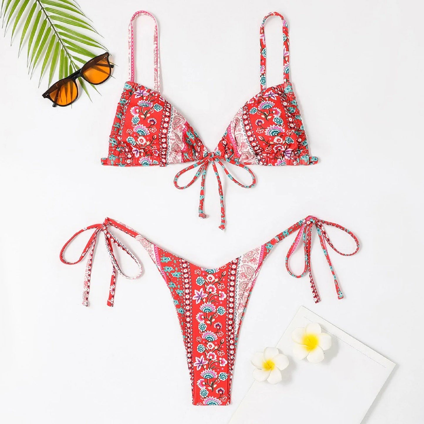 Sexy Bikini Suits Women Vintage Print Low Waist Thin Strap Lace Up Split Swimwear Women Adjustable Size Swim Suits Sexy Lingerie