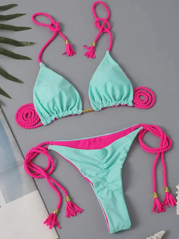 Swimsuit Women Bikinis Set Sexy Drawstring Bikini Beachwear Leopard Two-pieces Swimwear Bathing Suit Lace Up Bikini Set